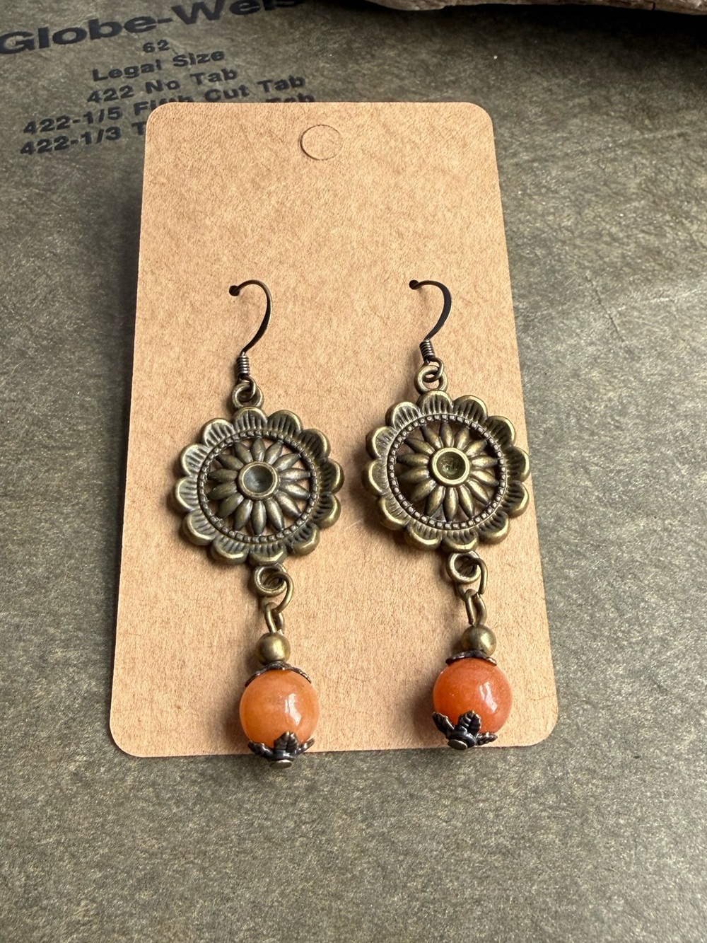 Bohemian Sunflower Drop Earrings with Orange Beads - Picture 4 of 5